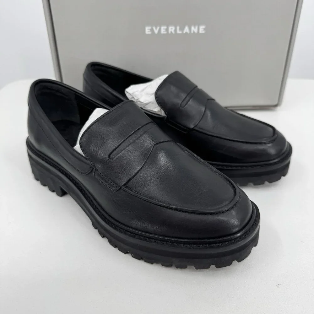 Everlane The Lug Loafer in Black Leather size 6 Women's Chunky Heel
